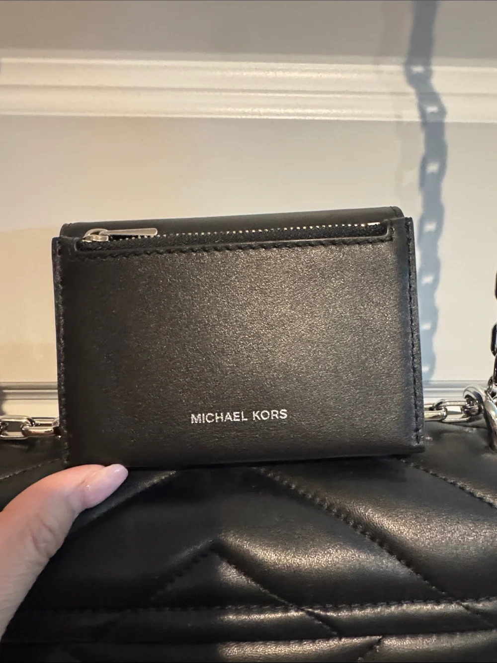 Michael Kors Black Quilted Leather Shoulder Bag with Silver Chain with wallet